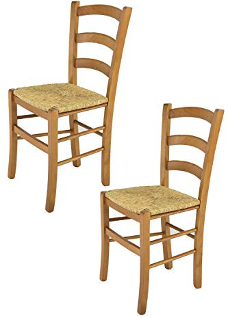 t m c s Tommychairs - 2er Set Stühle Venice für Küche und Esszimmer, robuste Struktur aus lackiertem Buchenholz im Farbton Eichenholz und Sitzfläche aus Stroh