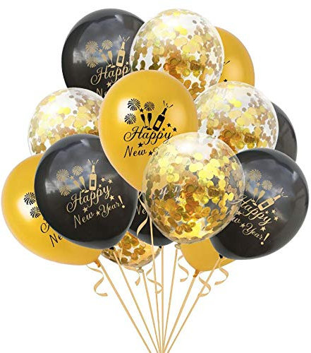 Oblique Unique® Konfetti Luftballon Set für Silvester Neujahr Party Feier Deko Ballons 15 Stück Happy New Year Schwarz Gold