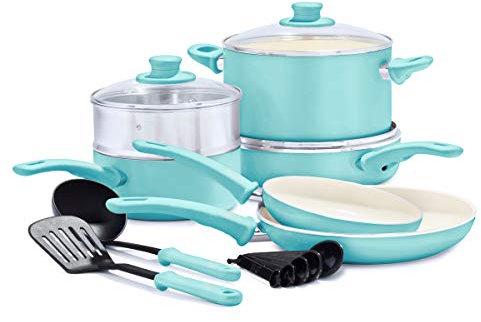 GreenLife Soft Grip Healthy Ceramic Nonstick 12 Piece Cookware Pots and Pans Set, PFAS-Free, Dishwasher Safe, Turquoise