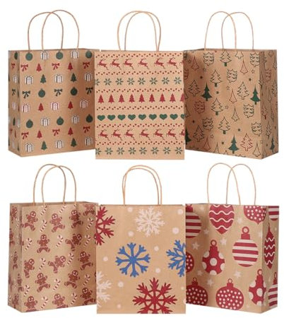 Cabilock 24 Stück Weihnachten Geschenktüten mit 6 verschiedenen Weihnachtsmotiven, Weihnachten Geschenktüten mit Henkel für Geschenke Mitgebsel Süßigkeiten Party