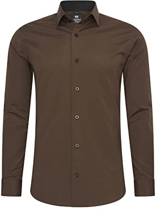 Rusty Neal Camicia da uomo di alta qualità, slim fit, a maniche lunghe, elasticizzata, a contrasto, per il tempo libero, marrone, M