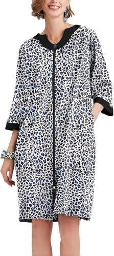 Ekouaer Damen-Nachthemd mit Reißverschluss, 3/4-Ärmel, leicht, kurz, mit Taschen, Größe S-3XL, Schwarz Leopard, X-Large