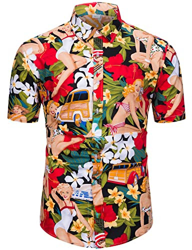 fohemr Funky Hawaiian Shirts for Men Short Sleeve Tropical Button Down Summer Beach Shirts Hula Girls Black X-Large