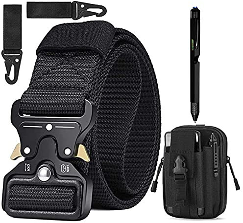 Taktischer Gürtel für Herren P-1 Nylon Canvas Gürtel, Schnellverschluss mit Metallschnalle, Molle-Tasche und 2 Haken und cleverem 8-in-1-Multi-Tool-LED-Stift