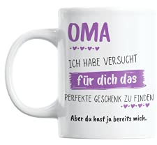 Tasse in reinem Weiß mit Spruch I Beidseitiger Druck und Spülmaschinenfest I Tassen mit bis zu 3000 Spülgänge I Kaffeetasse mit Geschenke Sprüchen ich habe das perfekte Geschenk für dich (Oma)