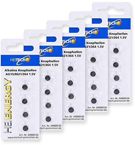 HEITECH 20er Pack AG1 Alkaline Knopfzellen Batterie 1,5V - LR60 / L621 / LR621 / SR60 / SR621 / SR621SW / 164/364 - Knopfbatterien auslaufsicher & mit Langer Haltbarkeit