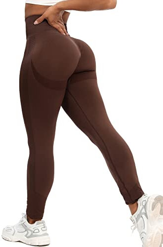 RIOJOY Scrunch Butt Leggings Damen High Waist Seamless Push Up Booty Leggins Hose für Sport Yoga Fitness Gym Workout, Braun M