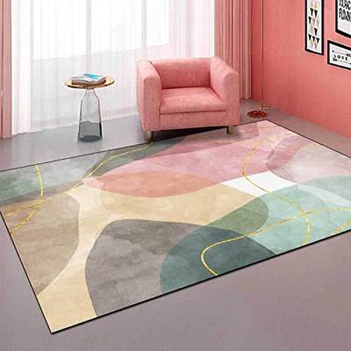 QiJi-Home Grand Tapis de Salon Moderne Polis rectangulaire Ras Vintage AbstraitFille Verte Rose Aquarelle de Salon Doux à Poils Courts Antidérapant Intérieur Moelleux pour Chambre