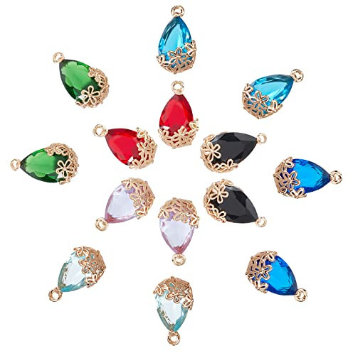 SUNNYCLUE 1 boîte 14 pièces 7 Couleurs Larme avec Breloques de Fleurs Verre Transparent Pendentifs en Cristal Goutte d'eau Strass Pendentif Résultats de Bijoux pour Les Débutants Femmes Bricolage