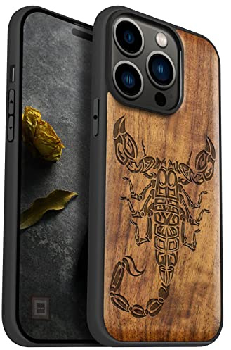 Carveit Handyhülle für iPhone 14 Pro Holz Cover kompatibel MagSafe mit Massivholz für Apple 14Pro Stoßfeste Stoßstange Weich TPU hulle（Nussbaum-Skorpion-Stamm）