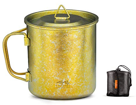 TiTo Titanium Taza para acampar, té, café, agua, utensilios de cocina portátiles ultraligeros, 450 ml, mango plegable, bebidas, fuego abierto (dorado)