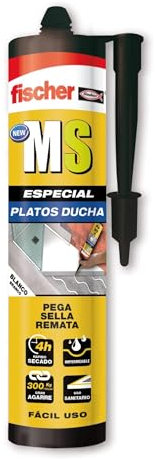 fischer - MS Platos Ducha, Blanco, Sellador Impermeable. Sellador Adhesivo. Aplicable con pistola silicona, Acabado como silicona liquida (290 ml)