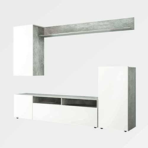 Cosma Moderne und minimalistische Wohnwand für Wohnzimmer und Fernseher, Farbe: Weiß glänzend und grau in Beton-Optik, Modell Bridge