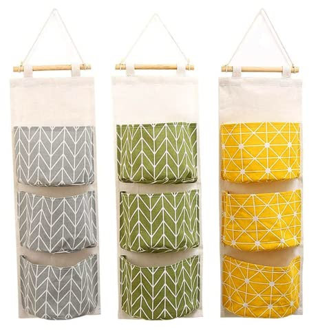 ORTAVA 3 Stücke Hängetasche, Hängetasche Wand, Wand Organizer Hängend, Hängeregal Stoff, wasserdichte Dreilagige Hängetasche, Geeignet für Badezimmerwandorganizer Hängend(Gelb, Grün, Grau)