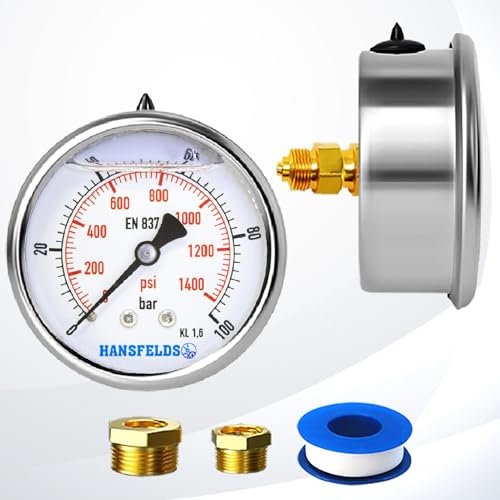 Hansfelds Manometer 0–100 bar/psi,63 mm Zifferblatt, flüssigkeitsgefüllt, 1/4 Zoll BSP Rückseitiger Anschluss, Messing-Innenleben und Anschluss,Genauigkeit 1,6,inkl. 2Reduzierstücke auf 3/8''und1/2.