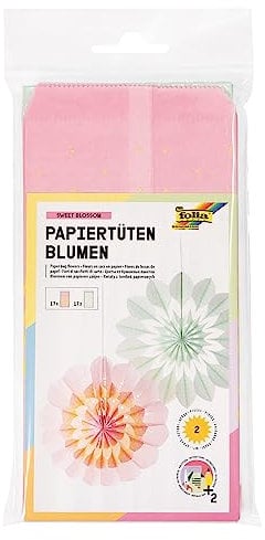 folia 21911 - Papiertütenblumen SWEET BLOSSOM, Bastelset für 2 Papierblüten, je 17 Tüten in Rosa und Mint, inkl. Kordel