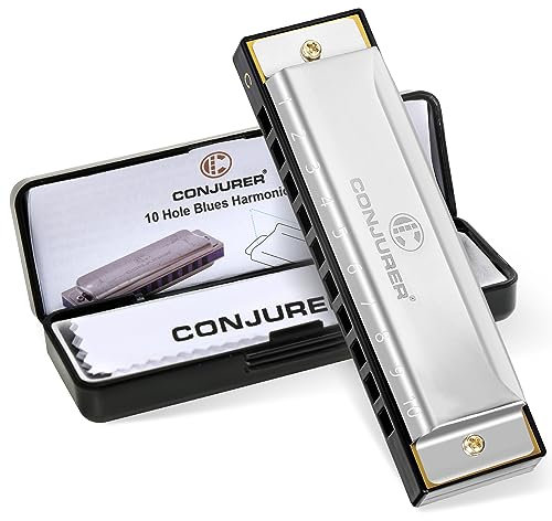 CONJURER Harmonica Diatonique à 10 Trous Pour Adultes Débutants en Do Avec Bouche en Métal, Clé en Laiton, Étui - Argenté