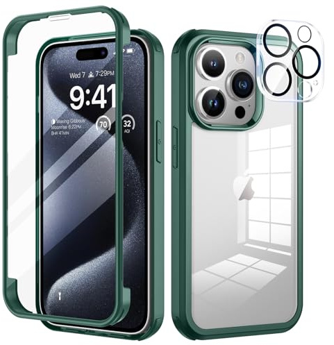 seacosmo Funda para iPhone 15 Pro MAX con Protector de Pantalla, Verde | Carcasa Antigolpes con Cristal Templado [9H HD], Protector Cámara, Protección 360° Doble Cara, Integral