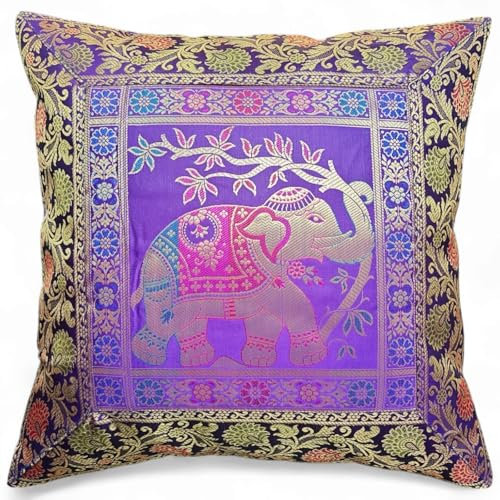 Original Kikan Kissenbezug aus indischem Elefanten-Mandala, Seide, Sari-Brokat, Boho-Stil, Heimdekoration, 40,6 x 40,6 cm, Reißverschluss, Banarsi, ethnisch, handgefertigt, Patchwork (lila)
