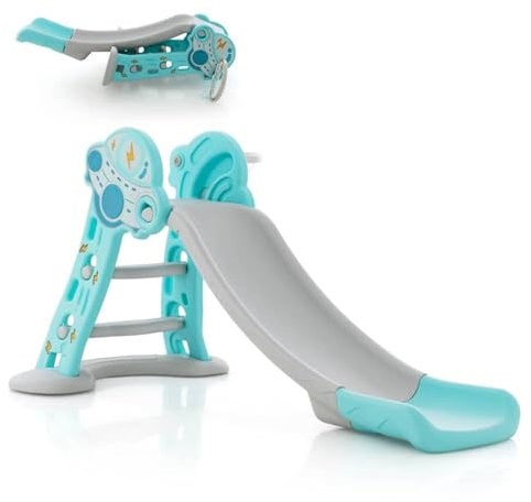 COSTWAY 3 in 1 Large Kids First Slide, Toddler Climber Slide Set with Basketball Hoop, Small Basketball & Safe Buffer Zone, Indoor Outdoor Freestanding Slider Playset Baby Playground (Blue)