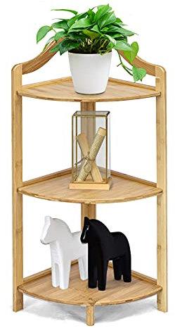 CASART 3-Tier Corner Shelf, Bamboo Freestanding Storage Shelf, Small Ladder Shelving Unit Multipurpose Storage Rack for Living Room Bedroom Bathroom Balcony