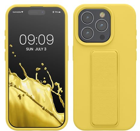 kwmobile Case Compatible with iPhone 15 Pro - Case with Hand Strap and Stand Soft TPU Silicone Coating - Radiant Yellow