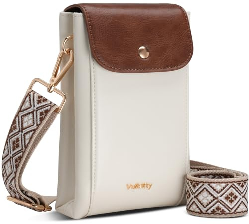 Vulkitty Kleine Umhängetasche für Damen, mit breitem Gurt, veganes Leder, Handytasche mit Doppeltaschen für Handys