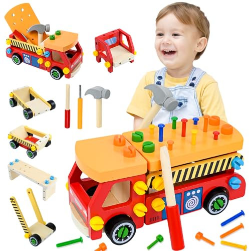Ulikey Jouet en Bois Outil, Caisse à Outils Enfant Bois, Jouet en Bois Enfant Camion Dei Pompieri, 5-en-1 Boîte à Outils Jeux, Montessori Educatifs Jeux 3 4 5 Ans Garçon Fille Cadeau Enfant