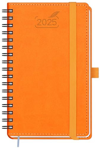 BEZEND Taschenkalender 2025 Klein Ringbuch 15,5 x 9 cm | Kalender 2025 Buchkalender 1 Woche 2 Seiten mit 100 g/m² Papier | Terminplaner 2025 Wochenplaner A6 mit PU-Leder Softcover - Orange
