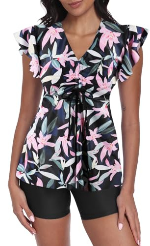 ECUPPER Womens Tankini Swim Dress with Sleeves Modest Two Piece Swimsuits Tummy Control Bathing Suit Floral Printed Swim Tops and Shorts