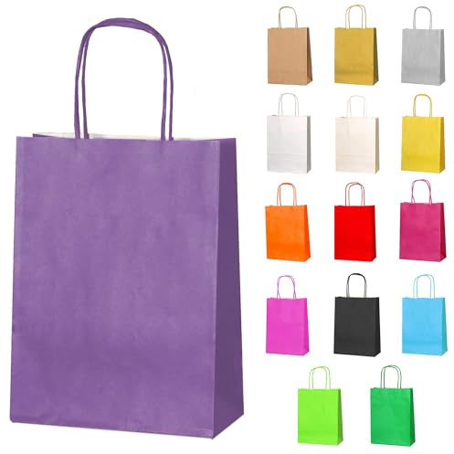 Thepaperbagstore 50 Lilac Small Paper Bags with Twist Handles, 18x22x8cm | colour recyclable kraft, ideal for sweets, favours, gifts, weddings, birthdays, parties and events