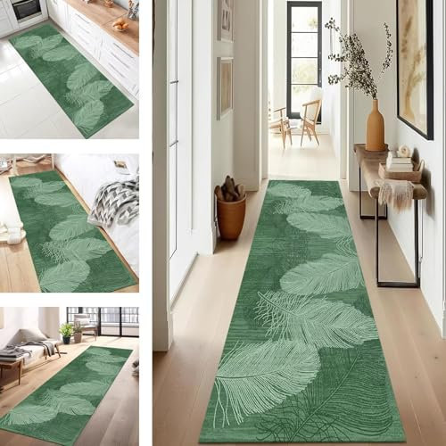 SUCERU Teppich Läufer Flur Diele Küche rutschfest Waschbar Grün Dauerhaft 40X150CM Abstrakt Teppichläufer für Wohnzimmer Korridor Schlafzimmer Büro Esszimmer Flurläufer Anpassbar Meterware
