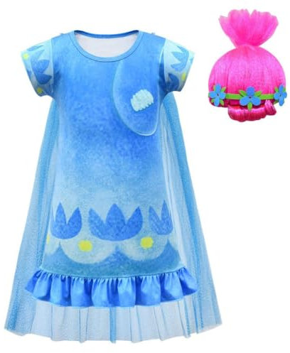 Lito Angels Poppy Trolls Kleid Kostüm Verkleidung mit Rosa Perücke für Kinder Mädchen Größe 5-6 Jahre 116, Blau