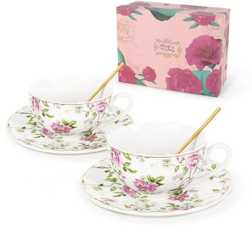 fanquare Set di 2 Tazze e Piattini da Caffè Floreali, Tazze da Caffè in Ceramica Rosa 200ml, Tazze e Piattini in Porcellana Britannica con Cucchiaio Regalo per Mamma Amica Tea Party