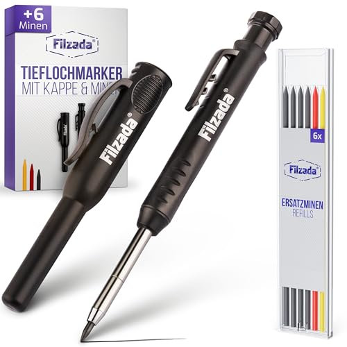 Filzada® 1x Tieflochmarker mit 6 Extraminen - in 3 Farben- Zimmermannsbleistifte mit Köcher/Kappe - Bohrlochmarker - Bleistift Baustelle - Markierstift - Tieflochmarker Bleistift - Markierstifte