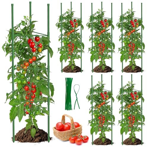 MQUPIN Enrejado de tomates, 6 unidades, 130 cm, para plantas trepadoras, altura ajustable, para tomate, pepino, rosas, jardín, enrejado de metal, con 20 bridas