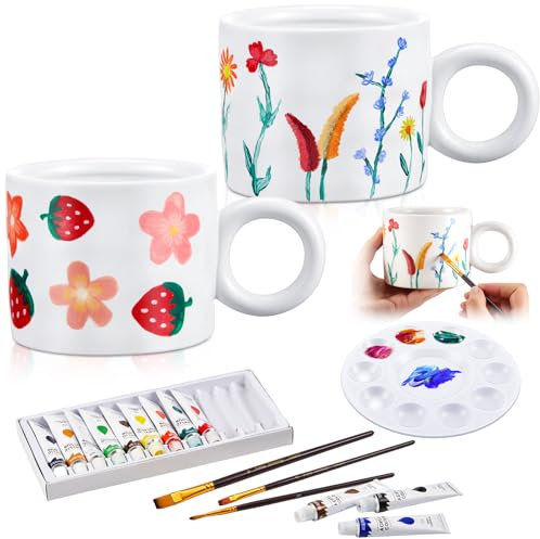 Sinmoe Set di Pittura su Tazza in Ceramica per Adulti 2 Tazze 12 Colori Ceramici 3 Pennelli 1 Tavolozza Regalo Mug Fai da Te Kit Bicchiere da Dipingere da Caffè per Coppie Regalo di Nozze Compleanno