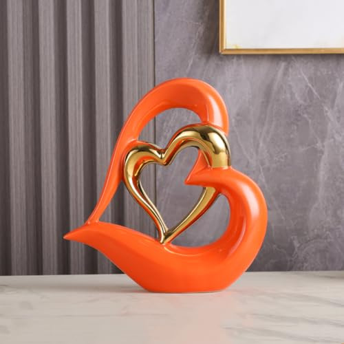 ODMYZG Double Heart Ornament,Double Heart Ceramic Statue,Home Decoration sculpture,Creative Home Modern Gift Office Living Room Decoration Collection Souvenir,Gift. (Orange Gold D)