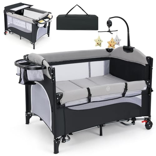 Baby Travel Cot, 5 in 1 Foldable Baby Bedside Sleeper with Bassinet Diaper Changer Mattress Carry Bag Music Box Hanging Toys, Portable Crib Playard Pack and Play for Infant Newborn