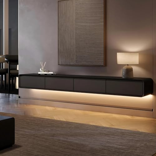 POVISON TV Schrank Schwebend 240cm mit LED Schwarz Modern Walnussholz | Massivholz, 4 Schubladen, TV Lowboard Hängend, Kabelmanagement, Komplettmöbel mit Stauraum für Wohnzimmer