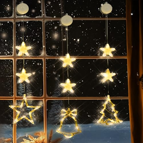 LED Weihnachtsbeleuchtung Fenster, Fensterbeleuchtung Weihnachten 3er, Weihnachtsdeko Fenster Hängend mit Saugnäpfe für Fenster, Lichterketten für Außen & Innen mit Stern, Glocken&Weihnachtsbaummuster