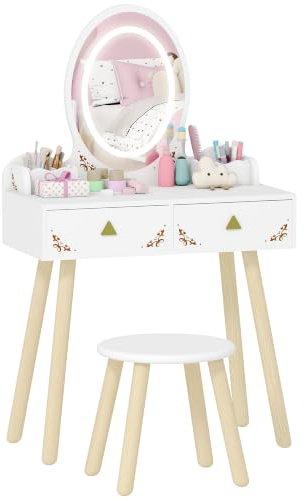 AIYAPLAY Barnsminkbord i trä, 2 i 1, barnskrivbord för flickor med LED-spegel i 3 färger och pall, sminkbord med 2 lådor och 2 avtagbara förvaringsskåp, 60 x 30 x 99,3 cm, vit