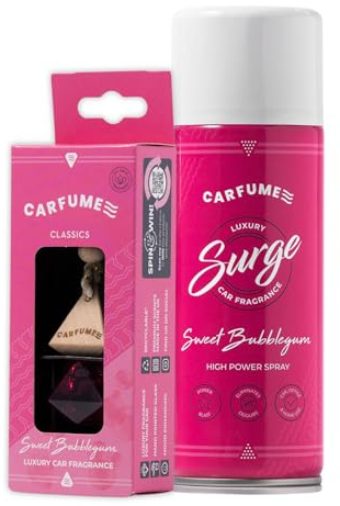 Carfume Classic Sweet Bubblegum Car Air Freshener Twin Pack | Premium Candy Floss & Fruit Fragrance - Pink Diffuser & Surge Can Bundle - Luxury Unisex Car Accessory Gift