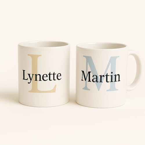 Set di 2 tazze da caffè personalizzate, con lettere personalizzate, tazze da caffè personalizzate con iniziali e nome, tazze in ceramica con motivo a lettere, una tazza da caffè per lui e lei, regalo