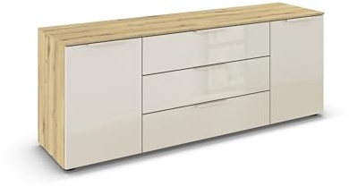 Rauch Möbel Flipp, Kommode, Farbe Glas Beige/Eiche Artisan, Breite 160 cm | Sideboard, 2-türig, 3 Schubladen, Glasfront, Soft-Close-Funktion, für Schlafzimmer, Gästezimmer, Wohnzimmer, Garderobe, Flur