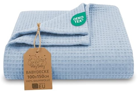 Waffeldecke Baby Ganzjahresdecke Babydecke 100x150 cm - Kinder Baumwoll Waffelpiqué atmungsaktiv leichte Übergangsdecke Decke – Kinderwagendecke Tagesdecke Neugeborene Oeko-Tex Himmelblau