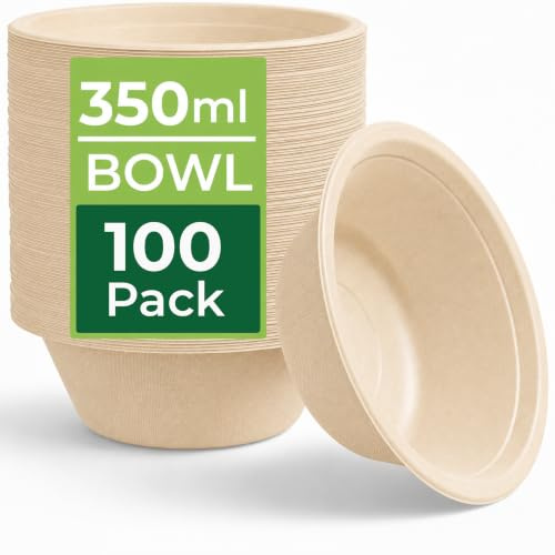 100 Pack Strong Paper Bowls 350ml – Brown Disposable Bowls for Parties 12oz | 5.3 x 1.77 in, Heavy-Duty, Biodegradable, Microwavable Bagasse Party Bowls, for Dessert, Pudding, Soup, Salads, Curry, Pasta