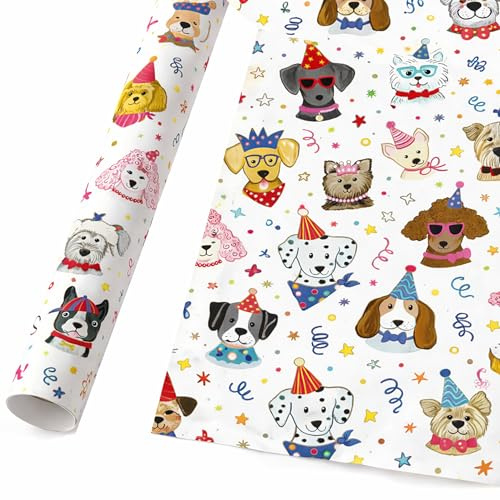 Geschenkpapier 70cm x 2m Rolle Coole Hunde - Geschenkpapierrolle mit Hunden Partyhüten Motiv - Verpackungspapier für Geburtstag und Hundeliebhaber - Farbiges Packpapier - Bunt