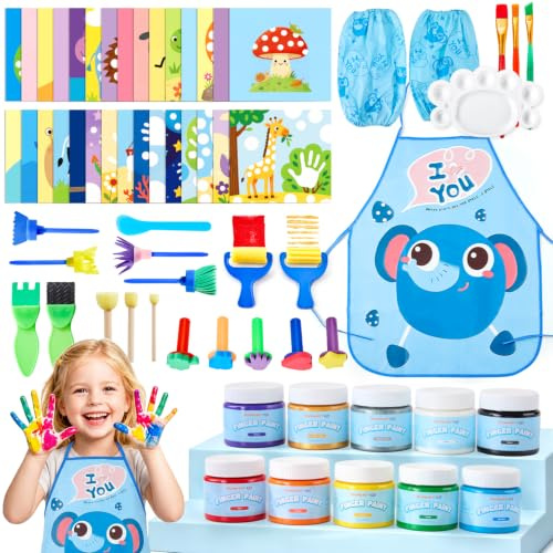 Shuttle Art 63 teiliges Fingerfarben Kinder Ungiftig, malset für kinder | waschbar (10 Farben x 100ml), mit Pinsel, Stempel, Schwamm, Palette, waschbar, ungiftig, zum Basteln
