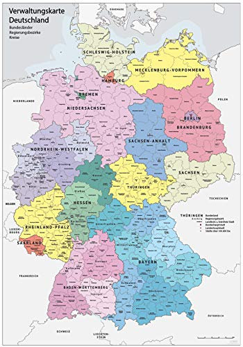 XXL DIN B1 (1000 x 700 mm) Verwaltungskarte Deutschland Bundesländer, Ländergrenzen, Regierungsbezirke, Landkreise Deutschlandkarte Poster (K703)